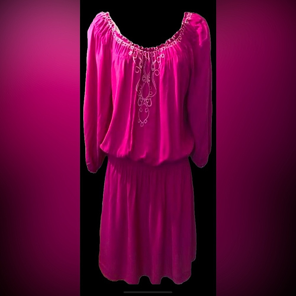 Pink Fuschia Scoop / Off The Shoulder 3/4 Sleeve Party Dress